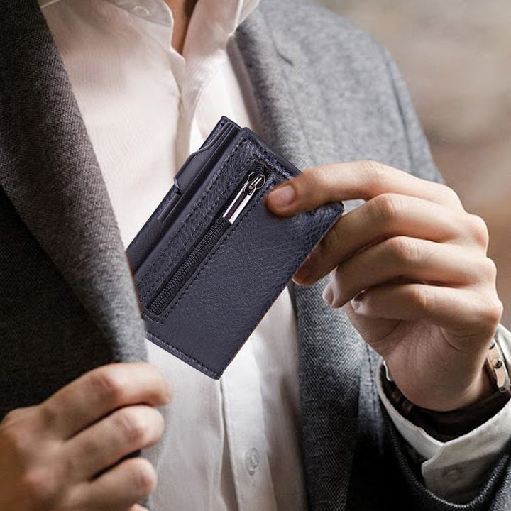 Unisex PU Læder Pop-Up Kortholder i gul, slank og elegant, RFID-beskyttet, til daglig brug.