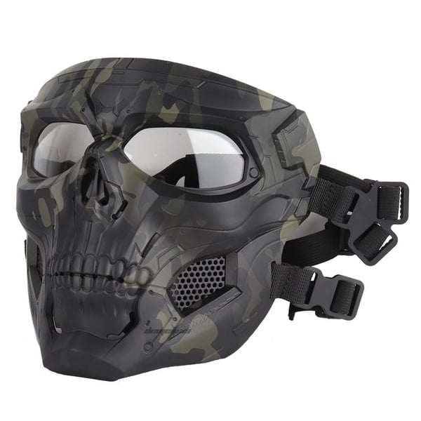 Unisex Kraniet Gyser Hjelm Maske, sort materiale, justerbare stropper, polstret med skum, egnet til airsoft og paintball