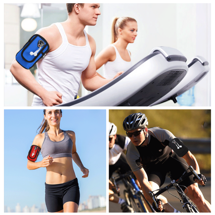 Unisex armtaske til sport, vandtæt, justerbar rem, sort materiale, egnet til løb og cykling.