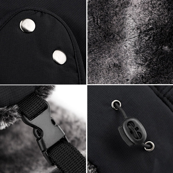 Unisex varm vinterhat med maske, sort imiteret pels, beskytter hoved, ører og ansigt til vinter.