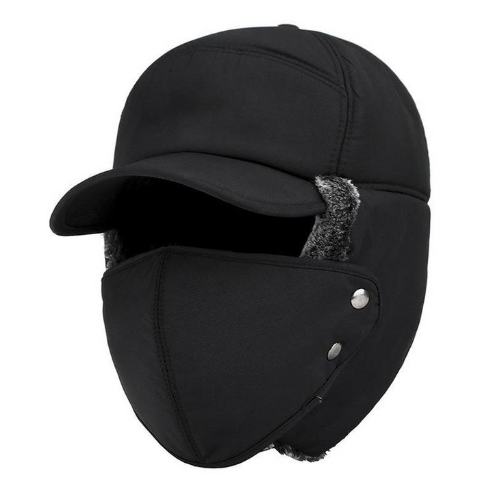 Unisex varm vinterhat med maske, sort imiteret pels, beskytter hoved, ører og ansigt til vinter.