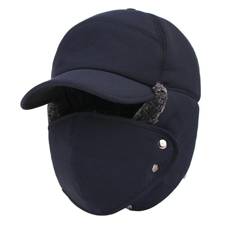 Unisex varm vinterhat med maske, sort imiteret pels, beskytter hoved, ører og ansigt til vinter.