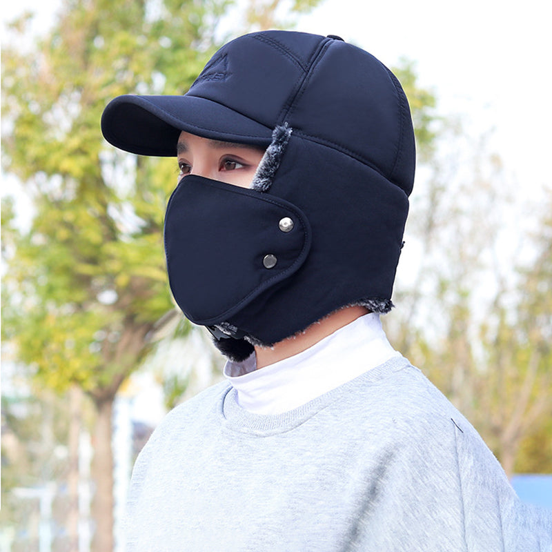 Unisex varm vinterhat med maske, sort imiteret pels, beskytter hoved, ører og ansigt til vinter.