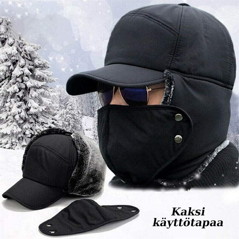 Unisex varm vinterhat med maske, sort imiteret pels, beskytter hoved, ører og ansigt til vinter.