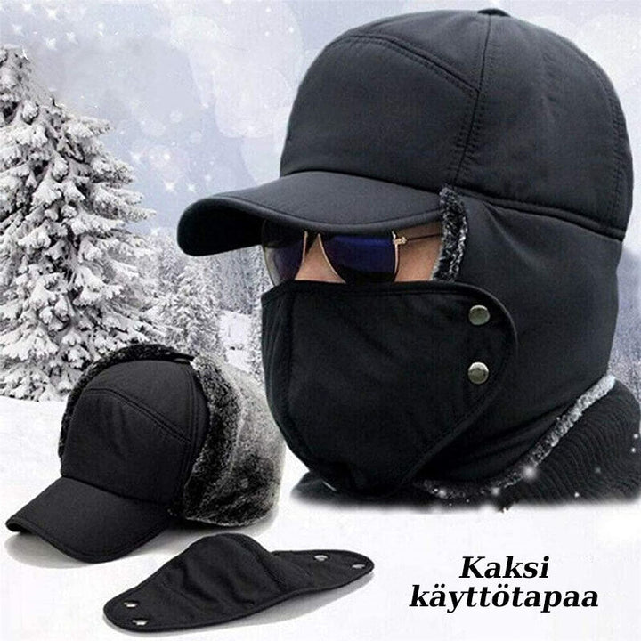 Unisex varm vinterhat med maske, sort imiteret pels, beskytter hoved, ører og ansigt til vinter.