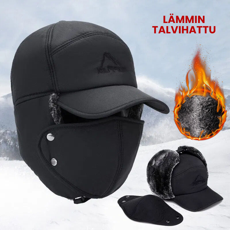 Unisex varm vinterhat med maske, sort imiteret pels, beskytter hoved, ører og ansigt til vinter.