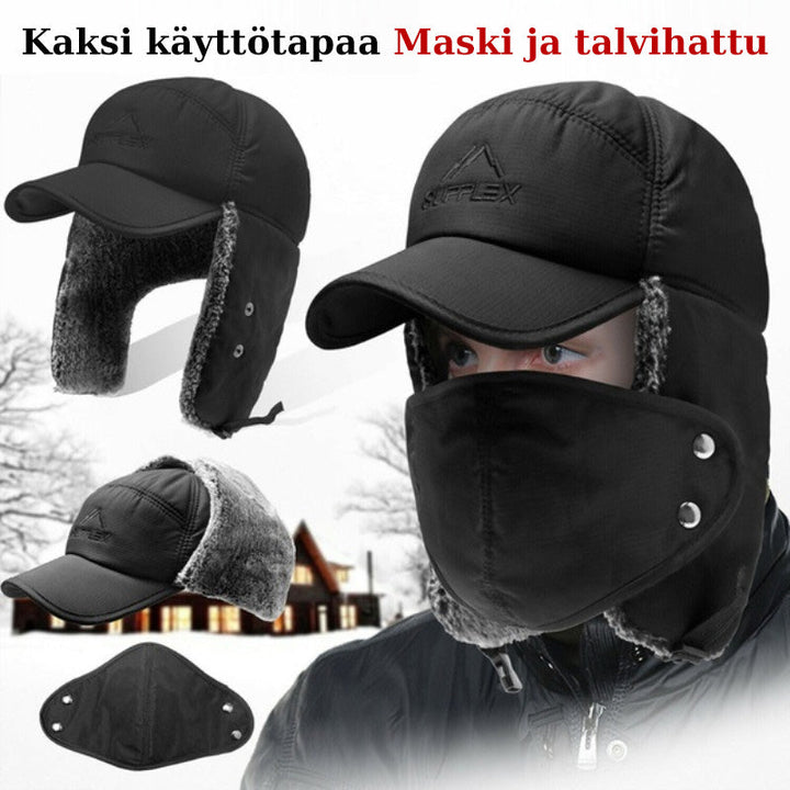 Unisex varm vinterhat med maske, sort imiteret pels, beskytter hoved, ører og ansigt til vinter.