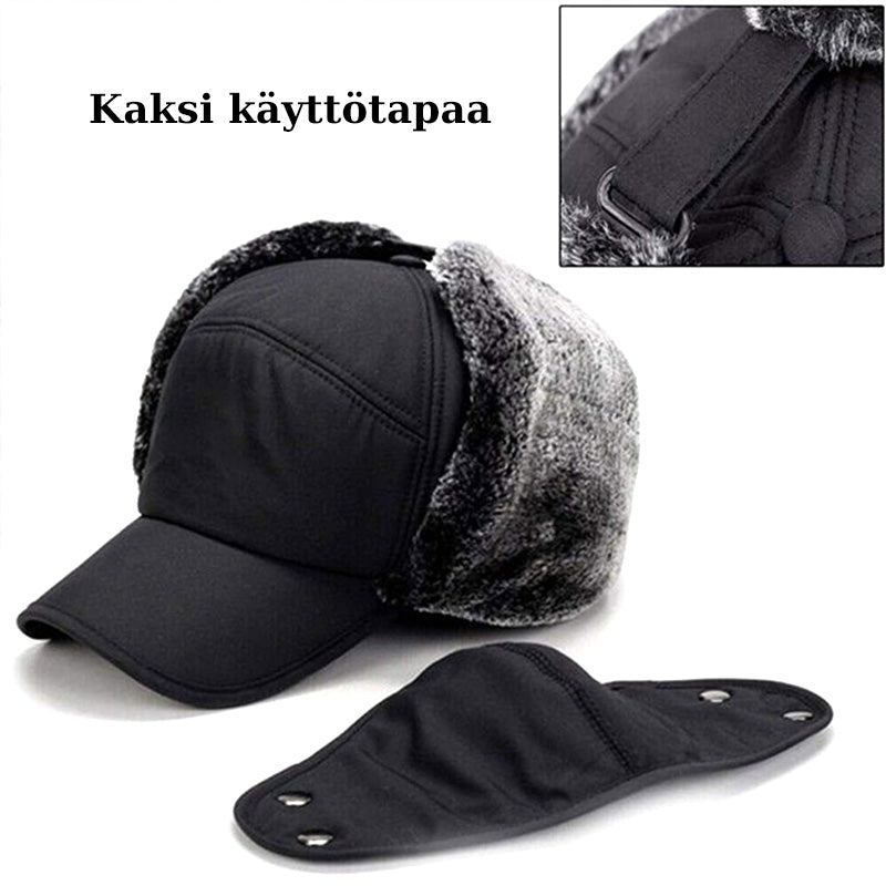 Unisex varm vinterhat med maske, sort imiteret pels, beskytter hoved, ører og ansigt til vinter.