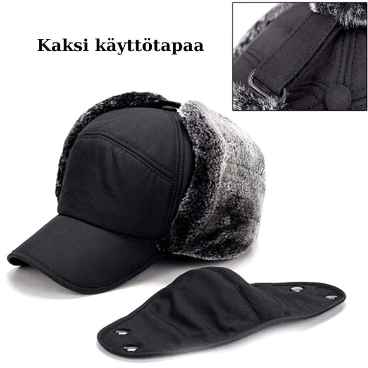 Unisex varm vinterhat med maske, sort imiteret pels, beskytter hoved, ører og ansigt til vinter.