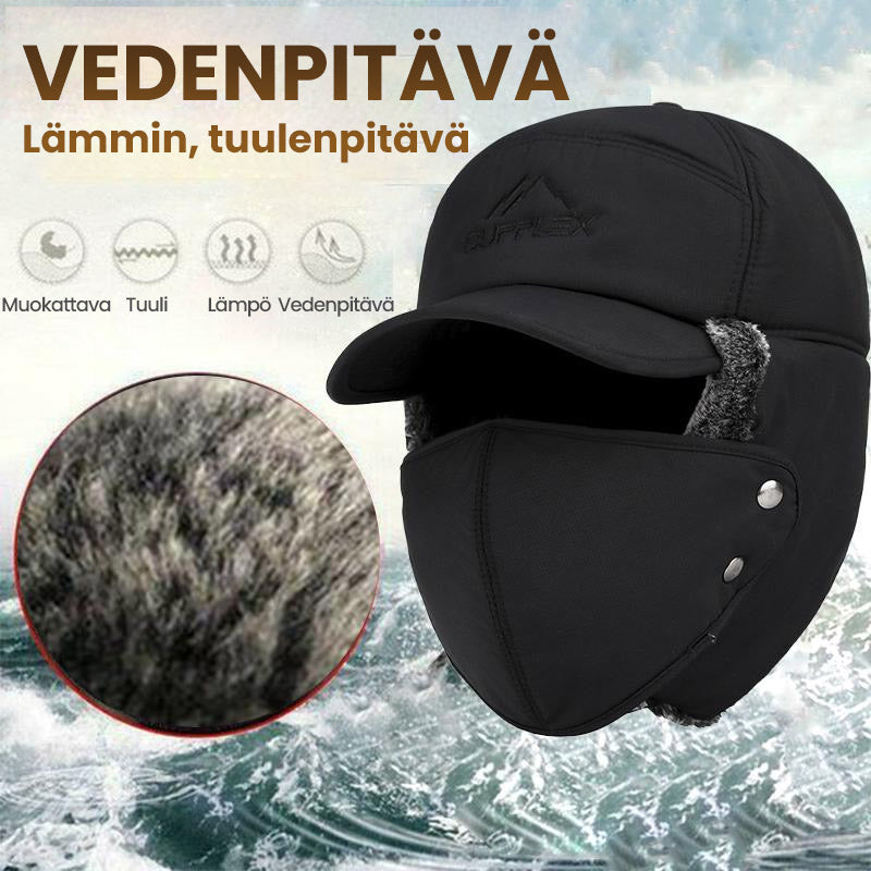 Unisex varm vinterhat med maske, sort imiteret pels, beskytter hoved, ører og ansigt til vinter.