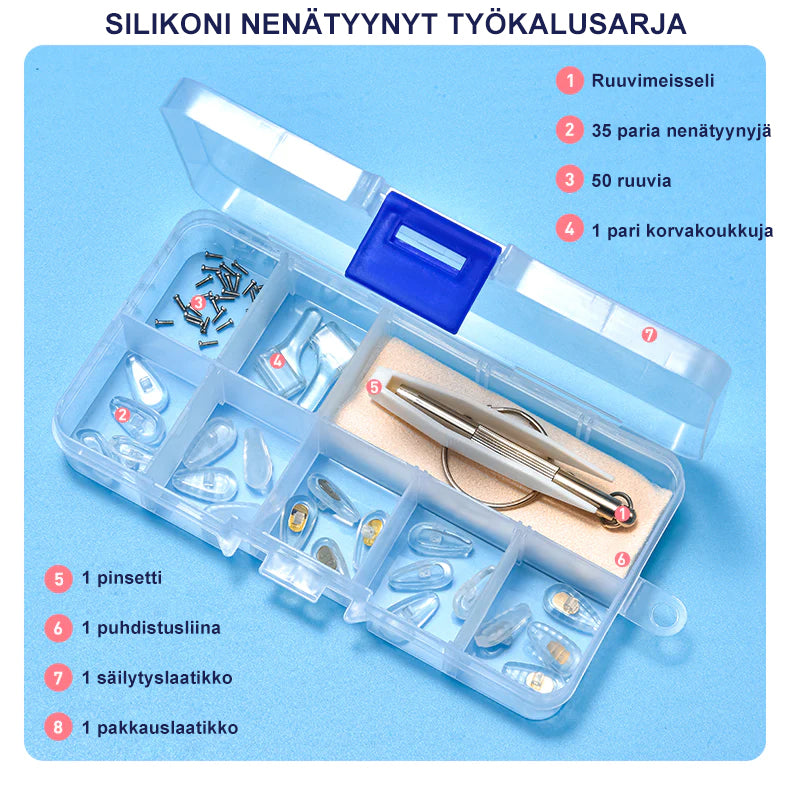 Unisex næsepudesæt, bløde silikonepuder og plastikboks, justerbart reparationssæt til briller.