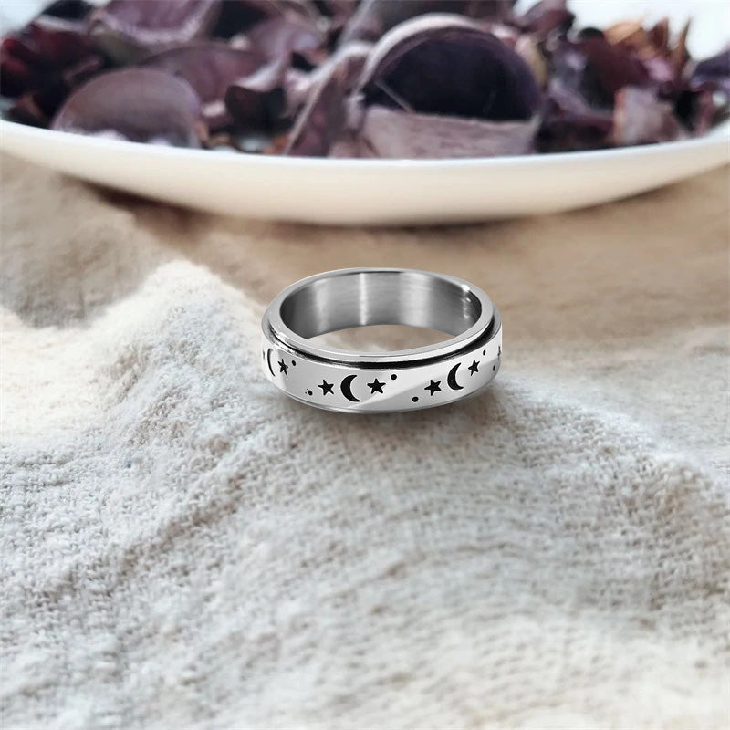 Unisex drejelig sølvring med stjerne- og månemotiv, sterlingsølv, stilfuldt retrodesign, velegnet til mænd og kvinder