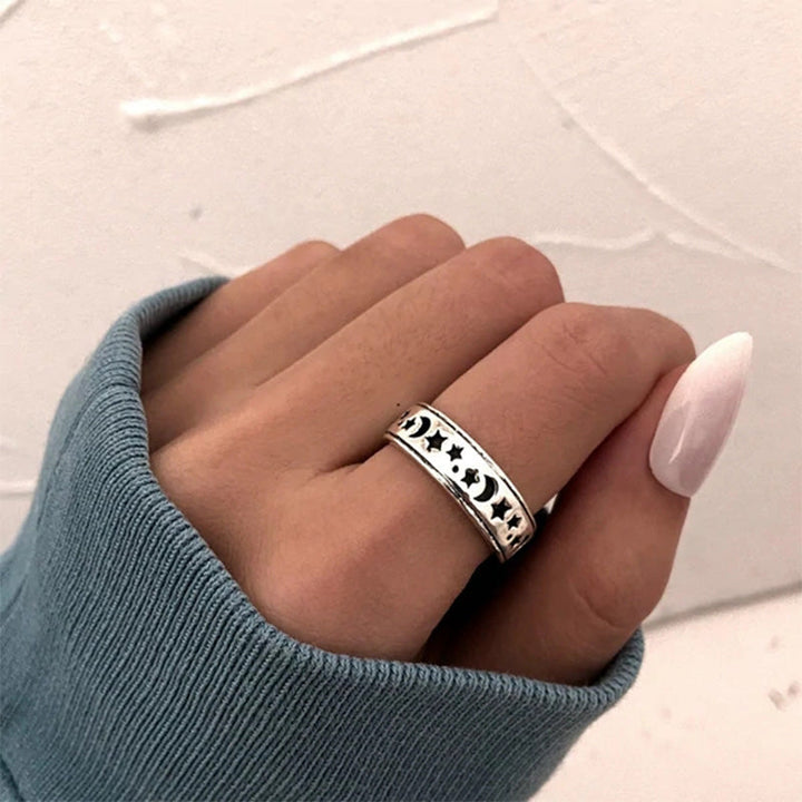Unisex drejelig sølvring med stjerne- og månemotiv, sterlingsølv, stilfuldt retrodesign, velegnet til mænd og kvinder