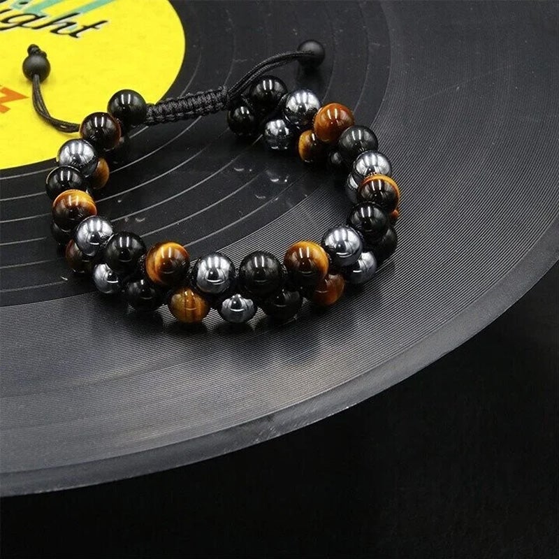 Unisex justerbart armbånd med tigerøje, sort obsidian og hæmatit, dobbeltlag, stilfuldt tilbehør