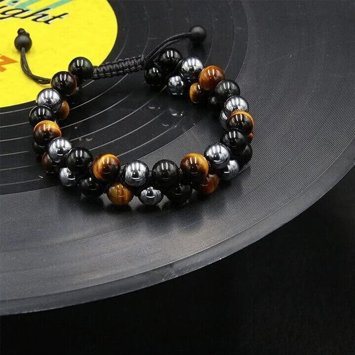 Unisex justerbart armbånd med tigerøje, sort obsidian og hæmatit, dobbeltlag, stilfuldt tilbehør