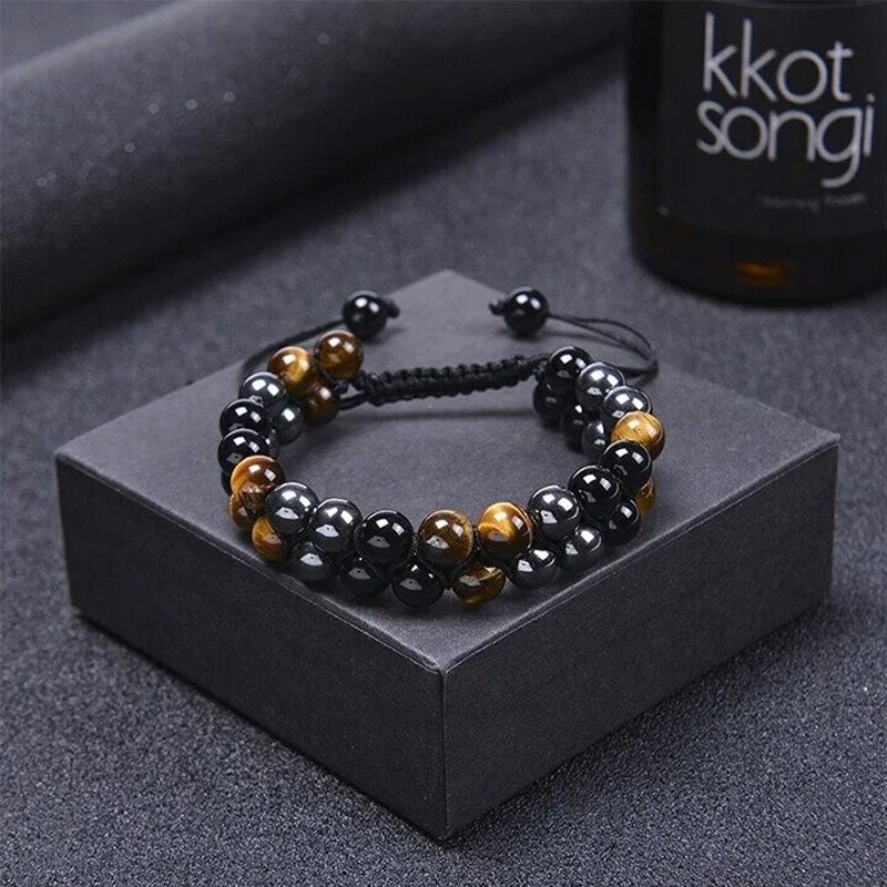 Unisex justerbart armbånd med tigerøje, sort obsidian og hæmatit, dobbeltlag, stilfuldt tilbehør