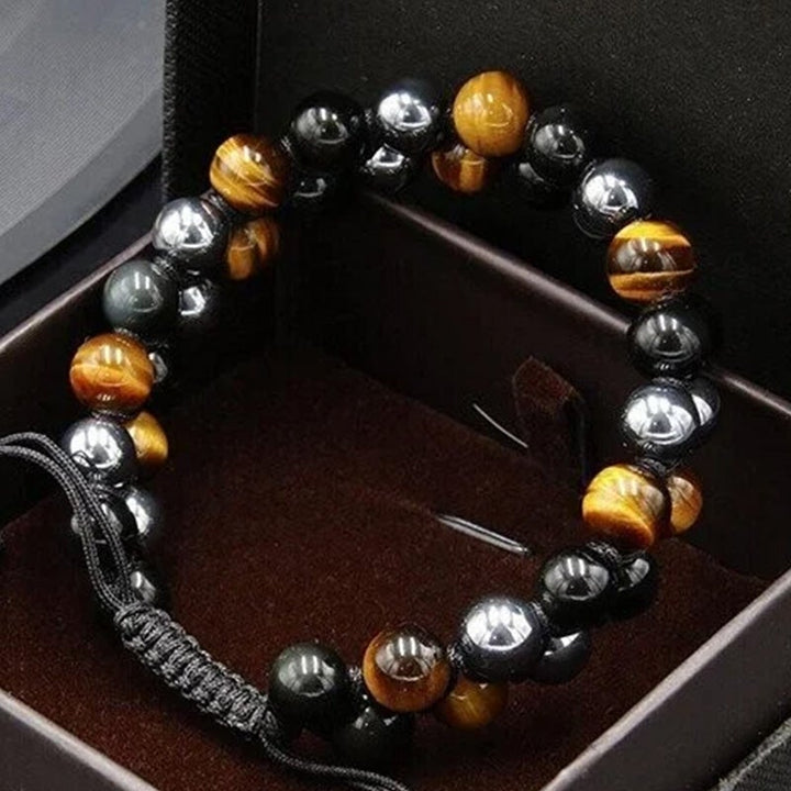 Unisex justerbart armbånd med tigerøje, sort obsidian og hæmatit, dobbeltlag, stilfuldt tilbehør