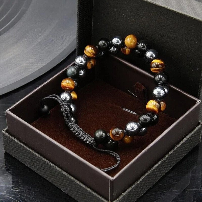 Unisex justerbart armbånd med tigerøje, sort obsidian og hæmatit, dobbeltlag, stilfuldt tilbehør