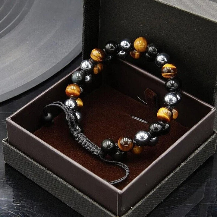 Unisex justerbart armbånd med tigerøje, sort obsidian og hæmatit, dobbeltlag, stilfuldt tilbehør