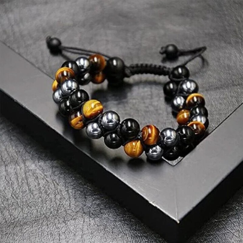 Unisex justerbart armbånd med tigerøje, sort obsidian og hæmatit, dobbeltlag, stilfuldt tilbehør
