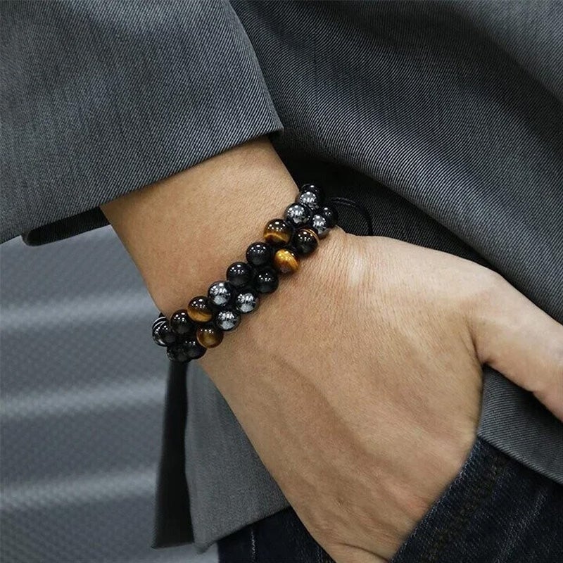 Unisex justerbart armbånd med tigerøje, sort obsidian og hæmatit, dobbeltlag, stilfuldt tilbehør