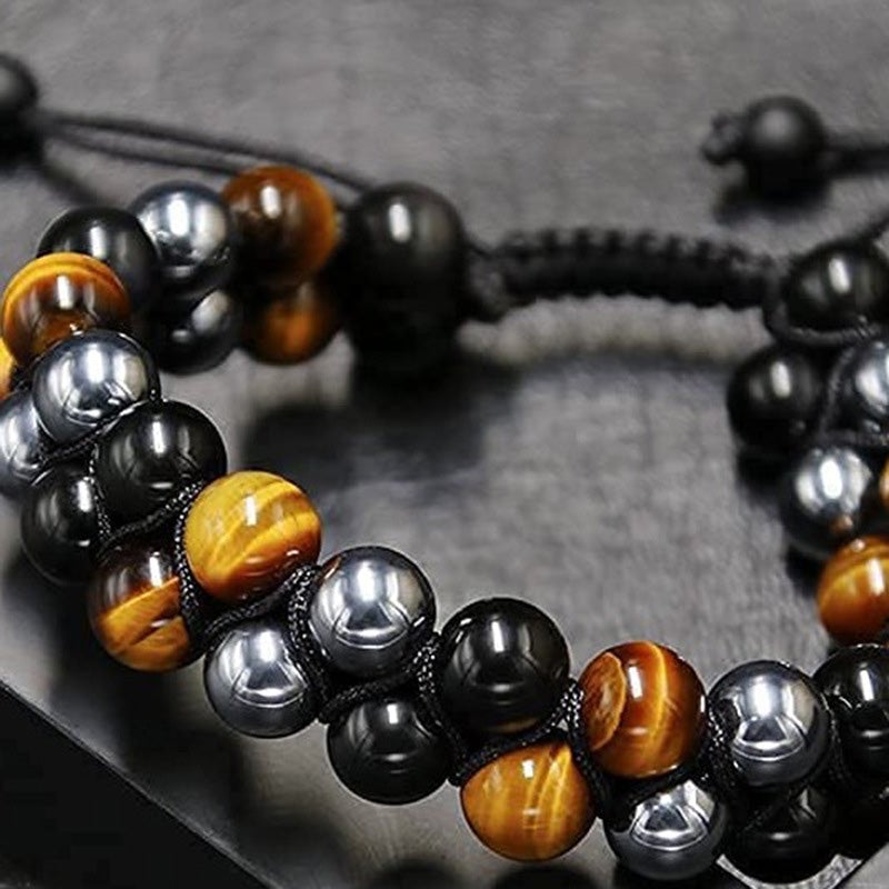 Unisex justerbart armbånd med tigerøje, sort obsidian og hæmatit, dobbeltlag, stilfuldt tilbehør