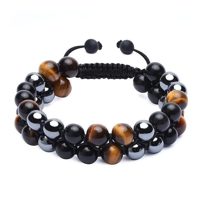 Unisex justerbart armbånd med tigerøje, sort obsidian og hæmatit, dobbeltlag, stilfuldt tilbehør
