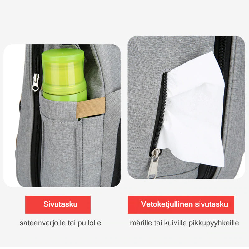 Unisex babyplejerep med seng, mange lommer til babyudstyr, foldet sammen, gråt Oxford-stof.
