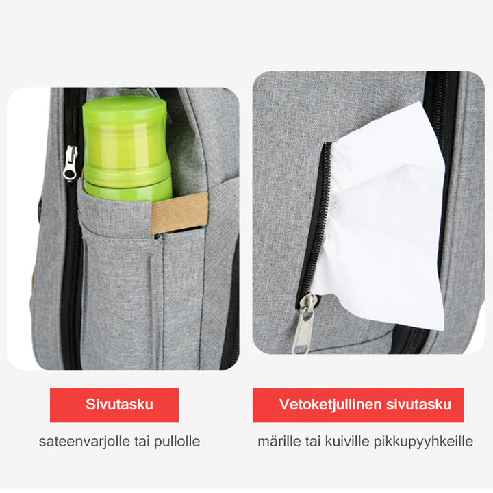 Unisex babyplejerep med seng, mange lommer til babyudstyr, foldet sammen, gråt Oxford-stof.