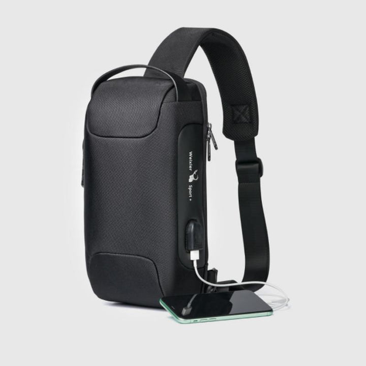Unisex vandtæt motorcykel brysttaske med USB-port, sort Oxford-stof og flere lommer, stilfuldt design.