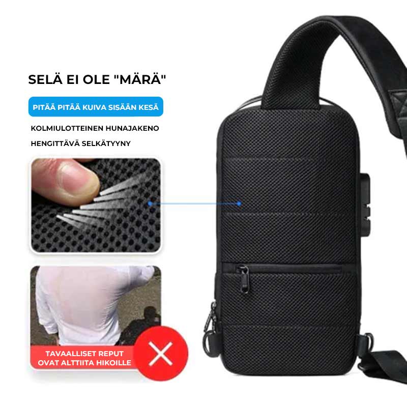 Unisex vandtæt motorcykel brysttaske med USB-port, sort Oxford-stof og flere lommer, stilfuldt design.