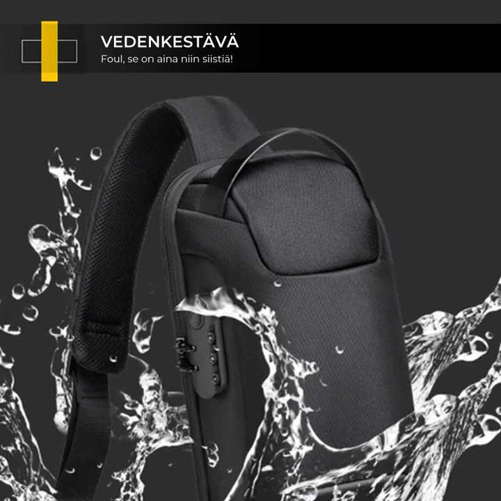 Unisex vandtæt motorcykel brysttaske med USB-port, sort Oxford-stof og flere lommer, stilfuldt design.