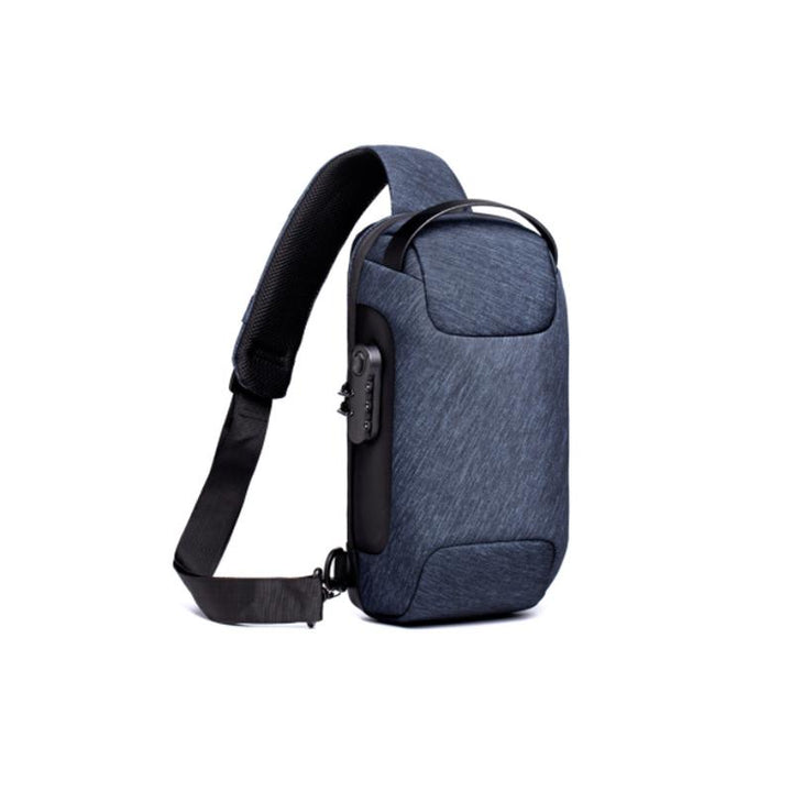 Unisex vandtæt motorcykel brysttaske med USB-port, sort Oxford-stof og flere lommer, stilfuldt design.
