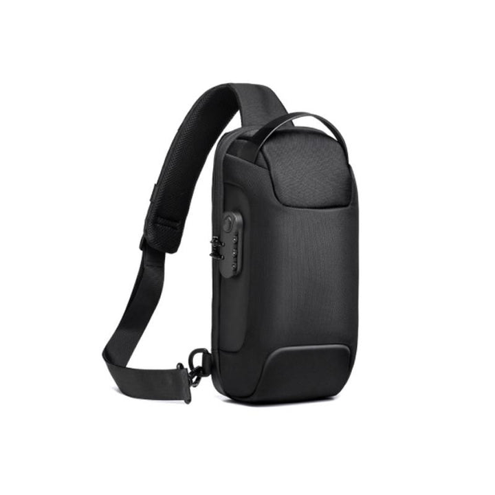 Unisex vandtæt motorcykel brysttaske med USB-port, sort Oxford-stof og flere lommer, stilfuldt design.