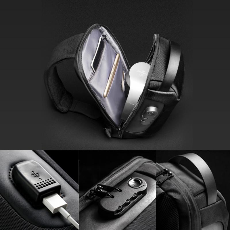 Unisex vandtæt motorcykel brysttaske med USB-port, sort Oxford-stof og flere lommer, stilfuldt design.