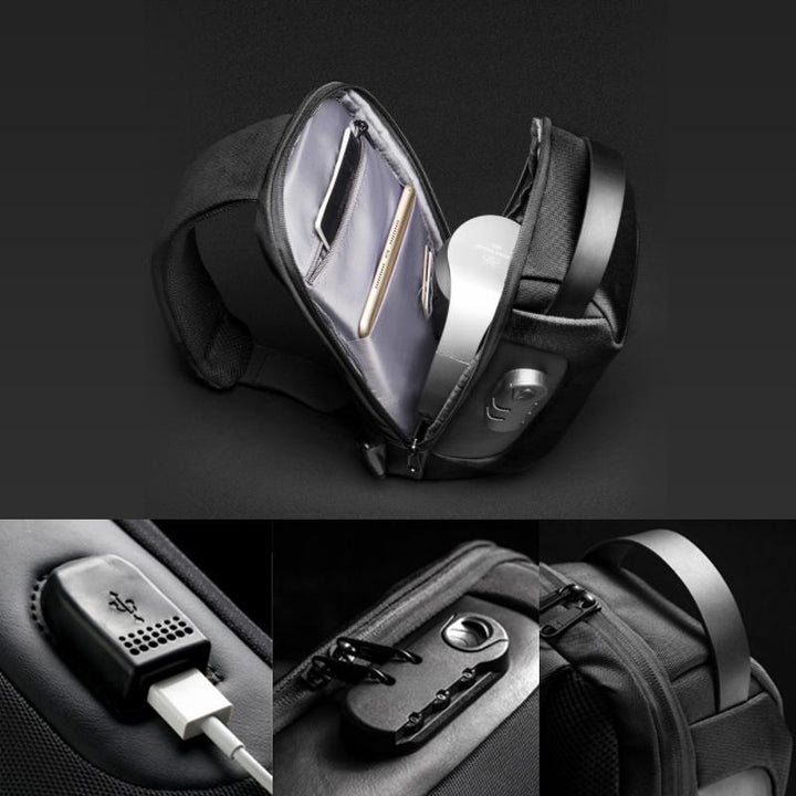 Unisex vandtæt motorcykel brysttaske med USB-port, sort Oxford-stof og flere lommer, stilfuldt design.