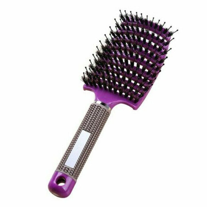 Unisex børste til hårpleje med vildsvinebørster og nylonspidser, i lilla farve.