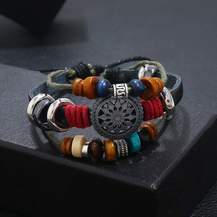Unisex vintage læderarmbånd, justerbart, sort læder, antikke sølvdetaljer, retrostil, unisex tilbehør.