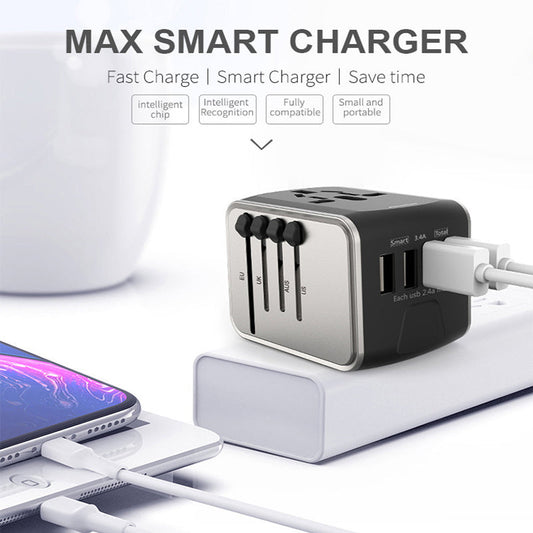 "Universaali matkapistokeadapteri 4 USB-portilla, musta, tukee US, UK, EU, AU pistokkeita, kompakti ja kannettava, elektronii