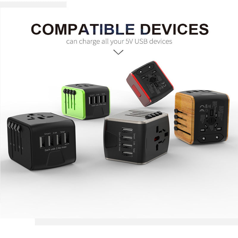 "Universaali matkapistokeadapteri 4 USB-portilla, musta, tukee US, UK, EU, AU pistokkeita, kompakti ja kannettava, elektronii