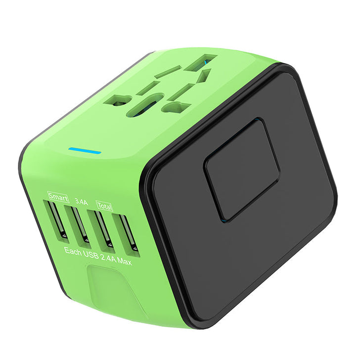 "Universaali matkapistokeadapteri 4 USB-portilla, musta, tukee US, UK, EU, AU pistokkeita, kompakti ja kannettava, elektronii