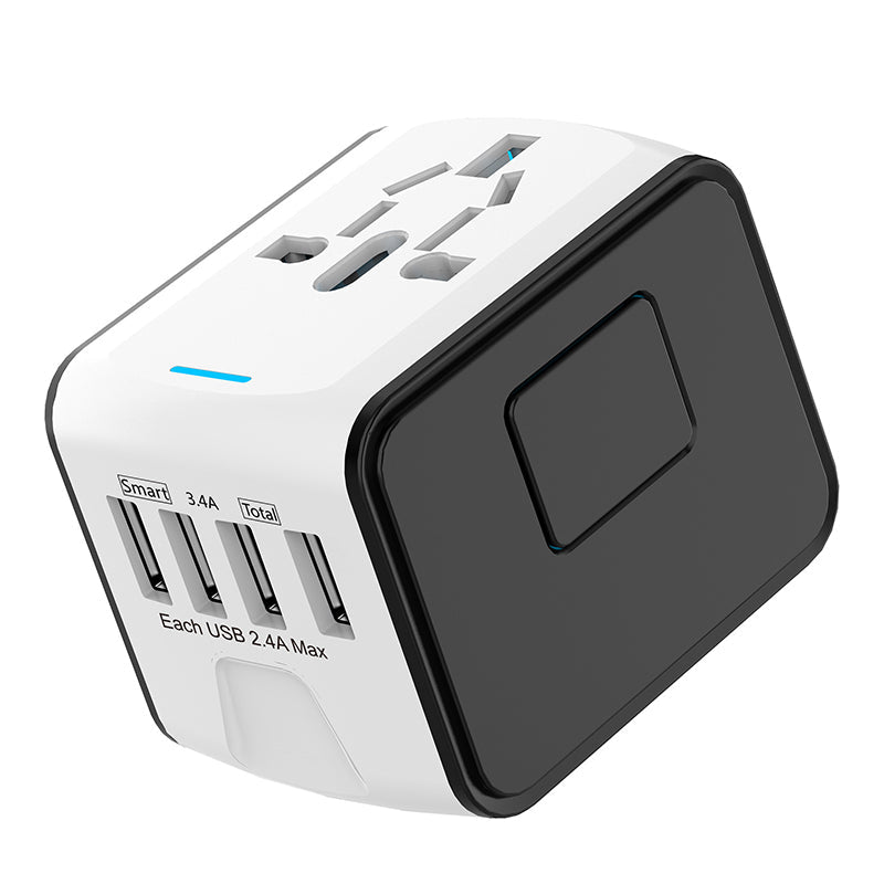 "Universaali matkapistokeadapteri 4 USB-portilla, musta, tukee US, UK, EU, AU pistokkeita, kompakti ja kannettava, elektronii