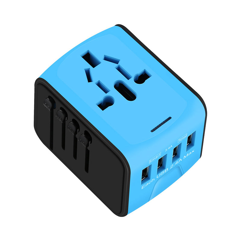 "Universaali matkapistokeadapteri 4 USB-portilla, musta, tukee US, UK, EU, AU pistokkeita, kompakti ja kannettava, elektronii