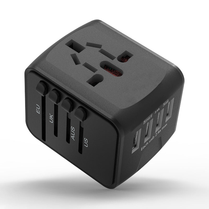 "Universaali matkapistokeadapteri 4 USB-portilla, musta, tukee US, UK, EU, AU pistokkeita, kompakti ja kannettava, elektronii