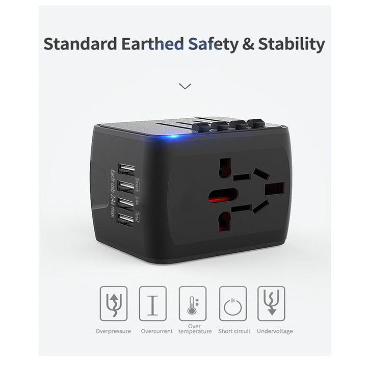 "Universaali matkapistokeadapteri 4 USB-portilla, musta, tukee US, UK, EU, AU pistokkeita, kompakti ja kannettava, elektronii