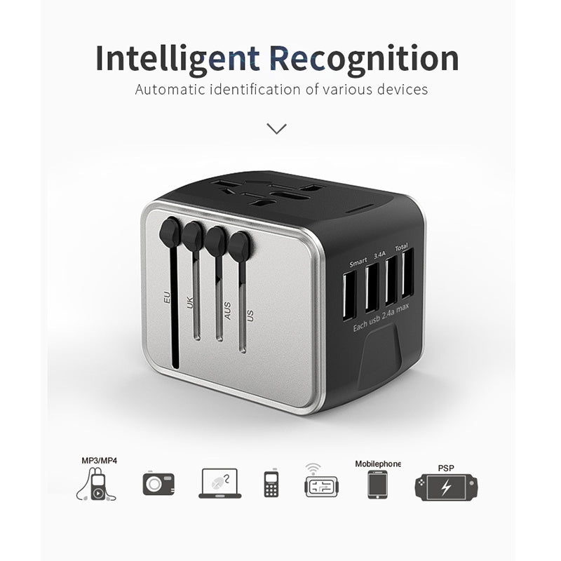 "Universaali matkapistokeadapteri 4 USB-portilla, musta, tukee US, UK, EU, AU pistokkeita, kompakti ja kannettava, elektronii