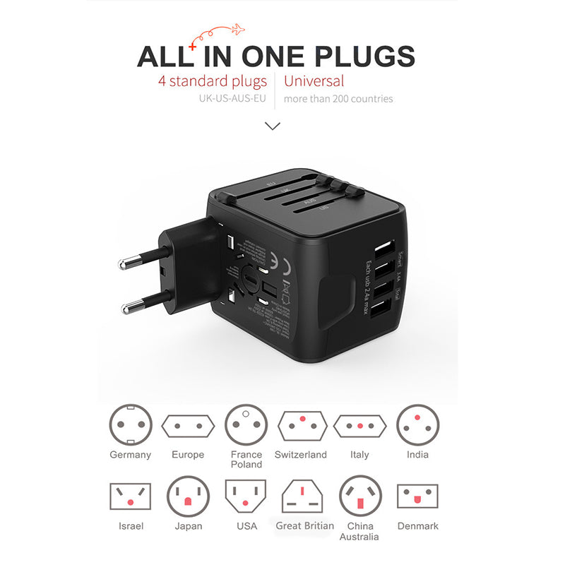 "Universaali matkapistokeadapteri 4 USB-portilla, musta, tukee US, UK, EU, AU pistokkeita, kompakti ja kannettava, elektronii