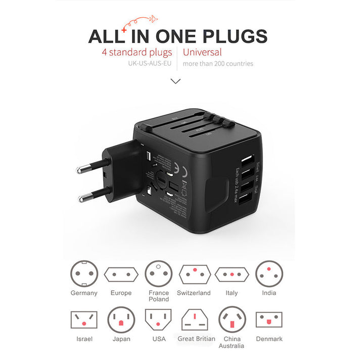 "Universaali matkapistokeadapteri 4 USB-portilla, musta, tukee US, UK, EU, AU pistokkeita, kompakti ja kannettava, elektronii