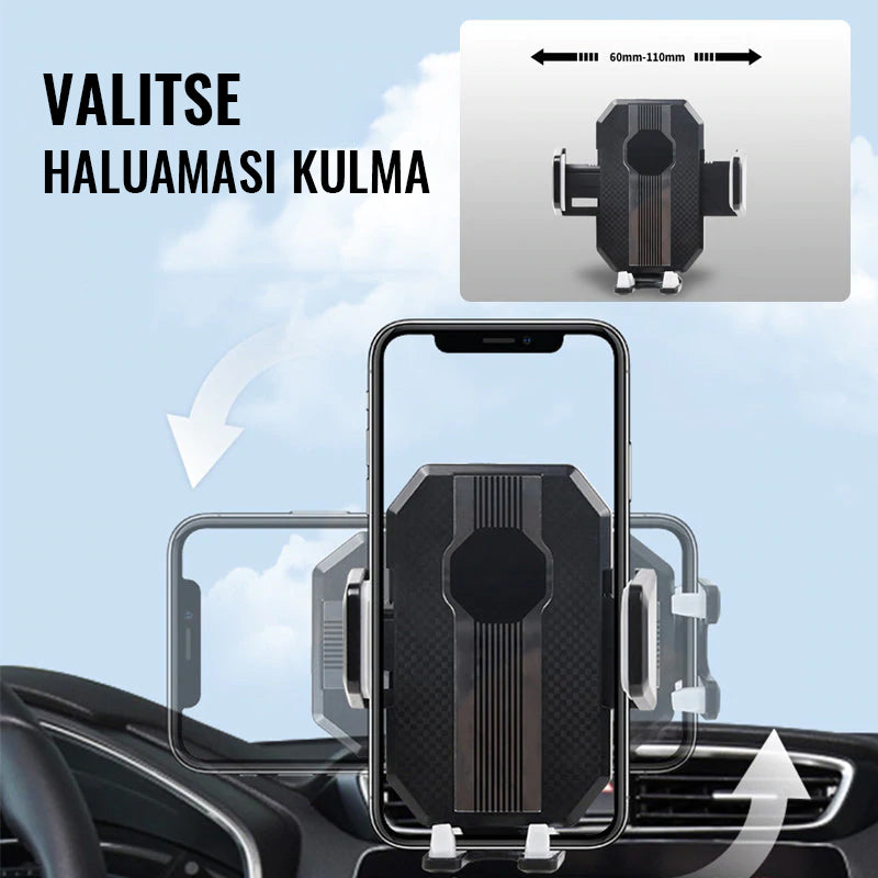 Universel sort mobilholder, elegant design, stærk montering på forskellige overflader, enhåndsbetjening.