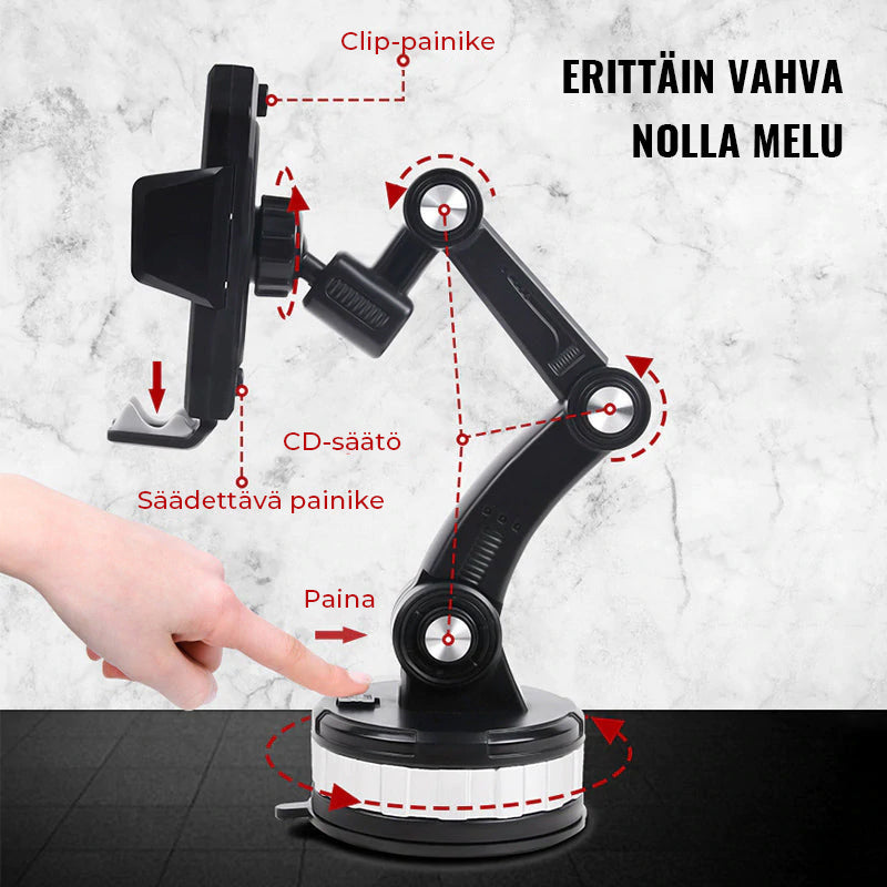 Universel sort mobilholder, elegant design, stærk montering på forskellige overflader, enhåndsbetjening.